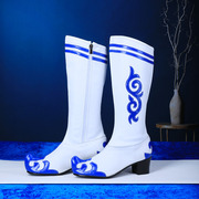 女士蒙古靴成人儿童定制民族，白蓝色(白蓝色)中长高筒，舞蹈靴子软平底翘头鞋