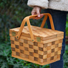 春游野餐盒木质编织野餐篮购物篮带盖户外水果提篮面包筐便携篮子