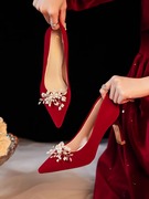 婚鞋女2023年新娘鞋红色中式尖头敬酒服高跟鞋不累脚孕妇单鞋