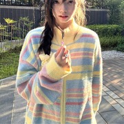 奶fufu彩虹条纹高领开衫毛衣，秋冬小清新糖果，色中长款毛衣外套上衣