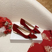 中式红色秀禾服新娘鞋珍珠不累脚蝴蝶结孕妇敬酒结婚鞋粗跟单鞋女