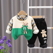 童装男宝宝秋冬三件套装，洋气0-1-2-3岁婴儿加绒男童，薄绒冬装卫衣4