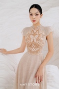 越南小众设计师品牌香槟色，蝴蝶镂空刺绣，重工连衣裙修身长裙a083
