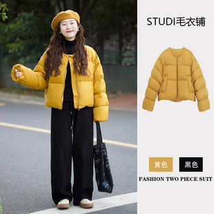 韩系黄色短款显瘦棉服，外套女2023冬季柔软舒适保暖加厚面包服
