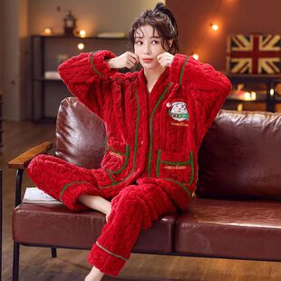 法兰绒睡衣家居服女冬季加绒加厚v领开衫，外穿圣诞节套装红色