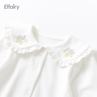 Elfairy宝宝打底衫女童娃娃领衬衣白色婴儿春装上衣儿童纯棉衬衫