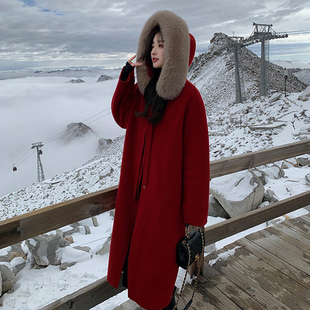 高级感韩版红色呢子羊绒大衣，宽松狐狸大毛领，加厚羊毛呢外套女冬季