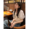 韩系复古拼接钩花镂空短袖衬衫，女2023小个子别致独特短款上衣