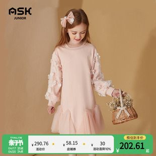 askjunior女童针织网，纱拼接立体花朵连衣裙2024年儿童公主裙