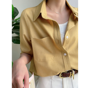 法式黄色衬衫，女春秋polo领长袖，衬衣女装小众上衣