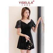 时尚女人黑色金丝绒珍珠短袖拉链气质通勤连衣裙品牌