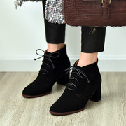 第一街系带短靴女粗跟2019百搭黑色，冬季高跟鞋加绒靴子女踝靴