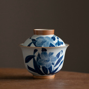 纯手绘百合花盖碗单个泡茶碗陶瓷，家用不烫手泡茶器手抓碗功夫茶具