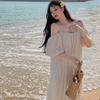 #5723法式露背米白吊带(白吊带)连衣裙海边拍照度假风露肩沙滩裙