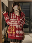 国潮美式hiphop创意圣诞情侣毛衣秋冬季设计感慵懒风红色针织线衫