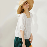 Miccbeirn夏季五分袖法式方领白色上衣女装苎麻花边设计感蕾丝T恤