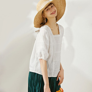 miccbeirn夏季五分袖法式方领白色，上衣女装苎麻花边，设计感蕾丝t恤