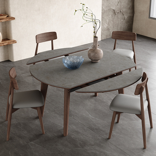 北欧伸缩岩板餐桌现代简约方圆两用可拉伸小户型意式极简实木餐桌