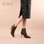 gnc尖头细跟时装短靴，女2023冬法式真皮，通勤高跟水钻及踝靴