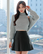 韩国2023年11.23气质高领无袖针织衫开衫套装百褶半身裙单买