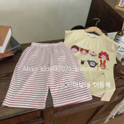 韩版童装女童短袖T恤夏开叉短袖印花中长款T恤条纹阔腿裤两件套潮