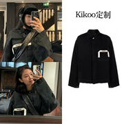 Kikoo定制金智妮Jennie同款黑色可拆卸Logo飘带宽松牛仔夹克外套