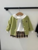 韩国童装24春款女童洋气，白娃娃(白娃娃)翻领，衬衣格纹半身裙套装绿色开衫