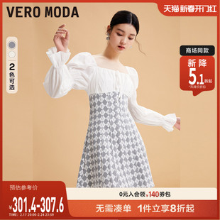 Vero Moda连衣裙2023秋冬收腰方领泡泡袖拼接牛仔裙甜美减龄