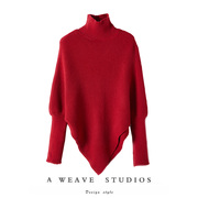 十穿九美~红色纯羊绒毛衣女秋冬宽松不规则设计感高领羊绒针织衫