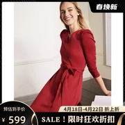 UNI CLOSET红色长袖连衣裙一步裙系带V领泡泡袖简约气质淑女优雅