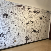 现代北欧壁画涂鸦墙纸儿童房，壁纸卧室男孩，个性创意手绘黑白壁画
