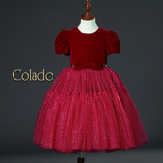 colado扣诺女童礼服丝绒，原创高端红色生日宴会，婚礼花童儿童蓬蓬裙