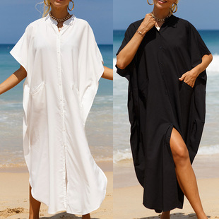 海边度假人棉衬衣式防晒开衫，沙滩罩衫宽松连衣，长裙比基尼泳衣外搭