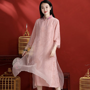欧根纱旗袍中国风女复古长款刺绣优雅天丝，亚麻大码改良版连衣裙