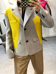毛呢羊毛西装外套，单排扣秋冬长袖拼接黄色灰色，短款上衣大衣女设计