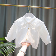 2024春装女童装宝宝，婴幼儿韩版蕾丝，蝴蝶结白色衬衫打底衫上衣