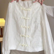 雪纺今年流行天丝衬衫女夏国风，新中式欧根纱盘扣重工刺绣白色上衣