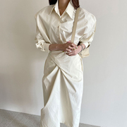 韩国chic百搭设计款翻领单排扣设计高腰开叉中长款围裹衬衫连衣裙