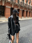 辰米范2023秋季黑色pu皮衣，西装外套女高级感宽松oversize大衣