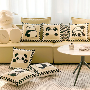 沙发靠枕客厅可爱熊猫丫丫周边简约黑白棋盘格靠垫套纯棉皮抱枕