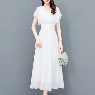 雪纺连衣裙女夏2024温柔风荷叶袖显瘦白色长裙气质女神范裙子