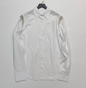 早春钉珠设计纯棉翻领单排扣白色衬衫女士衬衣