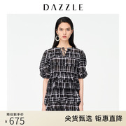 DAZZLE地素奥莱 夏季法式泡泡袖格纹连衣裙蛋糕裙女