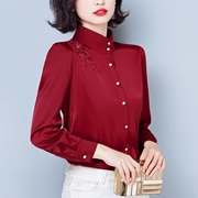 红色立领刺绣长袖衬衫，女2024春季妈妈装气质减龄漂亮小衫上衣