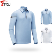 高尔夫球男士长袖polo衫t恤快速干衣翻领户外白蓝色(白蓝色)运动上衣服装