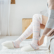 过膝袜女加厚冬季长筒保暖袜，子日系甜美珊瑚，绒条纹高筒睡眠地板袜