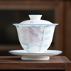 手绘百合三才盖碗茶杯，单个茶碗带盖不烫手功夫，茶具家用陶瓷泡茶器