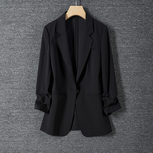 黑色醋酸西装外套女2024春夏季薄款高级感气质，显瘦七分袖西服