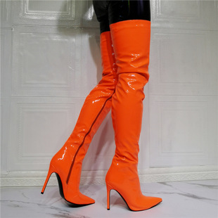 欧美大码反串过膝靴荧光色，长靴细跟高跟鞋，尖头橘色漆皮钢管舞长靴