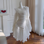 法式复古宫廷风白色轻婚纱礼服女小众不规则褶皱雪纺连衣裙 68033